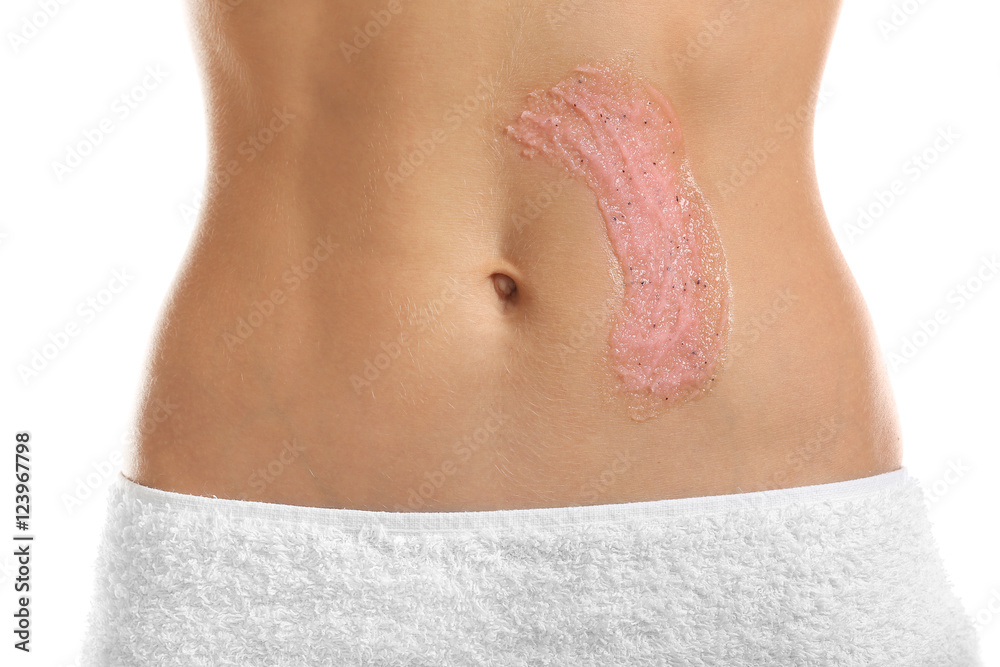 Female body with nourishing scrub on white background, closeup