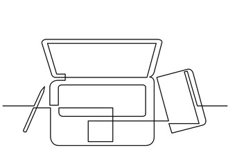Poster - continuous line drawing of laptop computer notepad pen