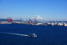 Seattle Waterfront - Dockyard Cranes;  Mt. Rainier