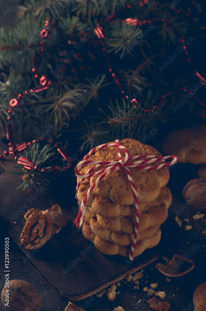 Christmas cookies with festive decoration - obrazy, fototapety, plakaty 