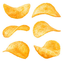 Potato Chips Isolated On White Background. Collection.