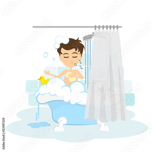Man takes shower. Happy smiling cartoon man in the tube with foam