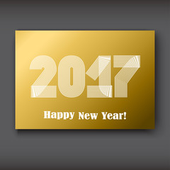 Wall Mural - Happy New 2017 Year, modern design white on gold background, year 2017 in thin lines striped minimalist, numbers written with a pen, vector illustration