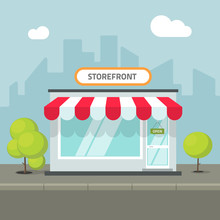 Storefront In The City Vector Illustration, Store Building On Town Street, Flat Cartoon Shop Facade Front View