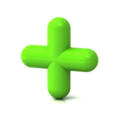 Poster - Green plus sign isolated on white background with reflection 3D rendering
