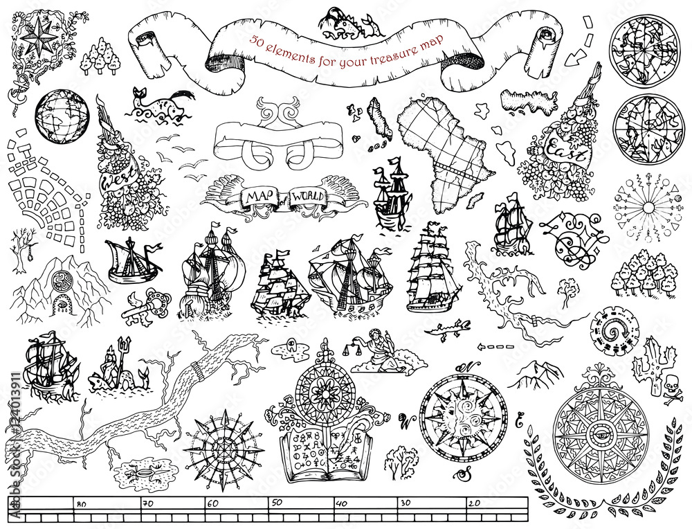 Set with hand drawn elements for treasure hunt and pirate map on white ...