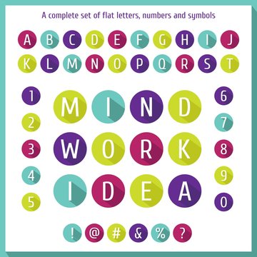Large flat set of letters of the alphabet, numbers and symbols. Mind. Work. Idea