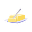 Brick Of Butter On Plate With Knife, Milk Based Product Isolated Icon