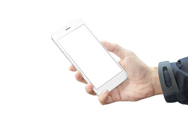 Poster - Isolated white smart phone in man hand. Silver side with volume button. Blank screen of mobile device for mockup.