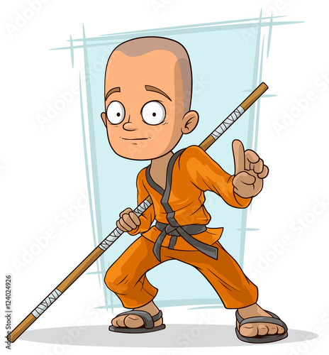 Fotografia Cartoon young kung fu Buddhist with stick