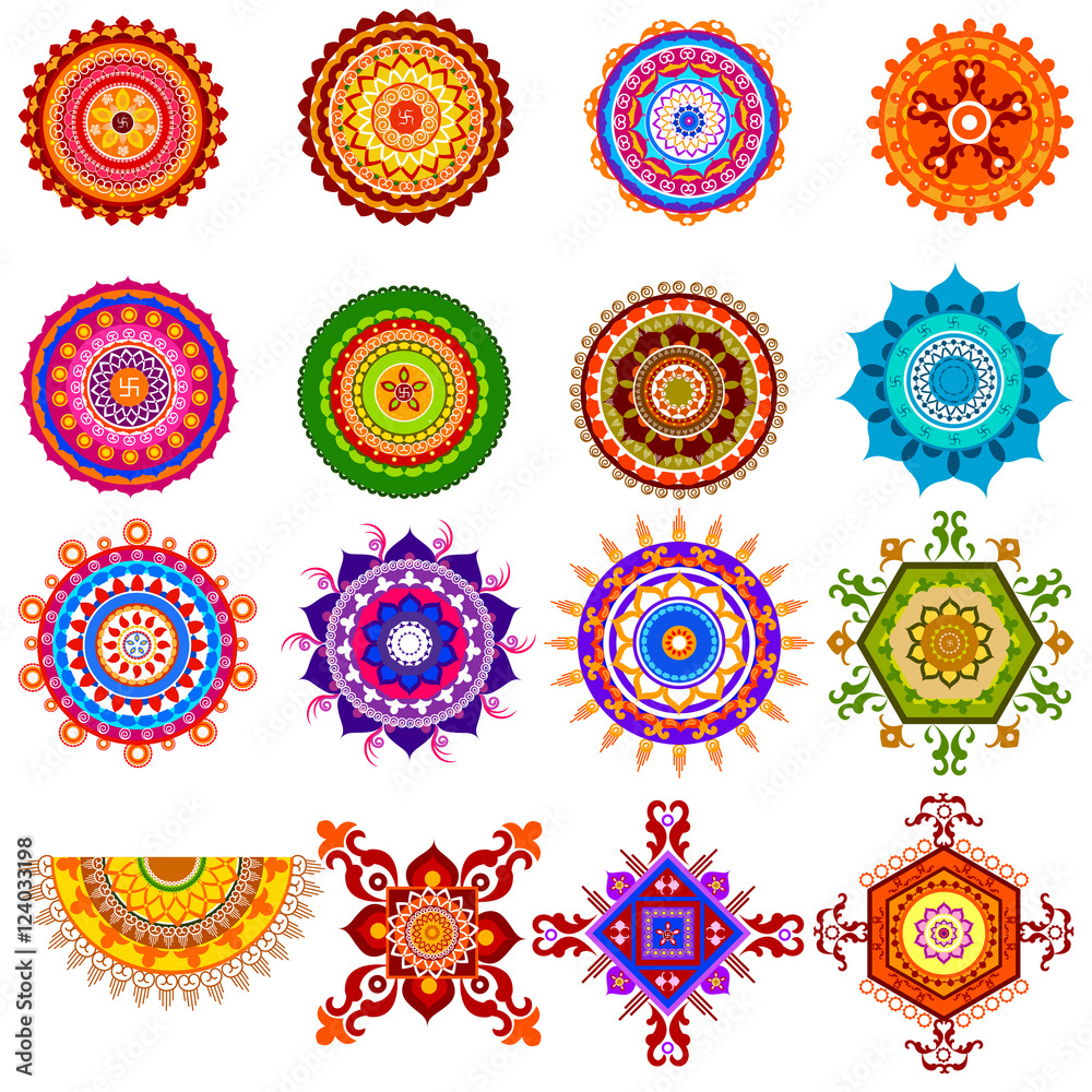 Collection of colorful rangoli pattern for India festival decoration - obrazy, fototapety, plakaty 