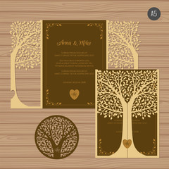 Wedding invitation or greeting card with tree. Paper lace envelope template. Wedding invitation envelope mock-up for laser cutting. Vector illustration.