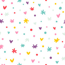 Abstract Confetti, Hearts And Stars Seamless Pattern