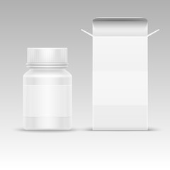 Poster - Medical blank packaging paper box and medicine plastic bottle for pills isolated on white vector illustration