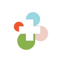 Poster - Isolated abstract colorful cross round medical logo. Religious sign. Doctor's office emblem. Ambulance label. First aid symbol. Plus button. Vector cross illustration.