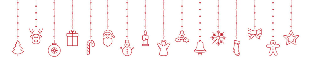 Wall Mural - merry christmas hanging red outline ornaments