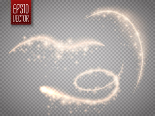 Poster - Set of magic glowing spark swirl trail effect isolated on transparent background. Bokeh glitter wave line with flying sparkling flash lights. Vector