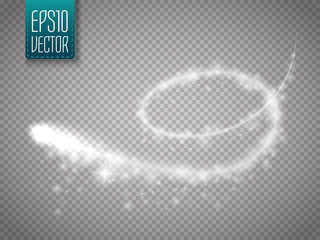 Poster - Magic glowing spark swirl trail effect isolated on transparent background. Bokeh glitter wave line with flying sparkling flash lights. Vector