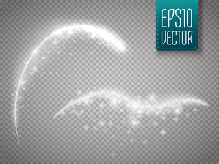 Poster - Magic glowing spark swirl trail effect isolated on transparent background. Bokeh glitter wave line with flying sparkling flash lights. Vector