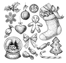 Christmas Object Set. Hand Drawn Vector Illustration. Xmas Icons