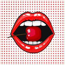 Close Up View Of Young Pretty Woman Lips Portrait Biting A Cherry. Open Month With White Teeth Eating A Red Cheery. Halftone Dots Background. Pop Art Comic Style.