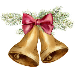 watercolor christmas bell with fir branch and pink bow. gold bells with christmas tree isolated on w