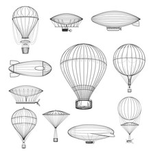 Vintage Hot Air Balloons. Retro Hand Drawn Air Balloon Set Vector Illustration