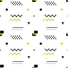 Geometric shapes modern, trendy minimalistic seamless pattern background in white, black and golden colors.