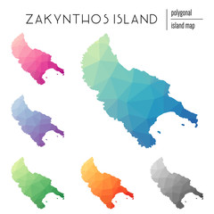 Poster - Set of vector polygonal Zakynthos Island maps filled with bright gradient of low poly art. Multicolored island outline in geometric style for your infographics.