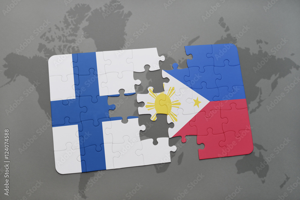 puzzle with the national flag of finland and philippines on a world map ...