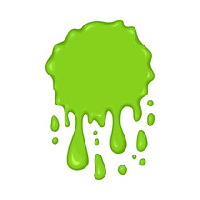 Vector Illustration - Slime Drips And Flowing. Abstract Green Splash Liquid. Halloween Banner In Cartoon Style. Stain Shape Isolated On White Background