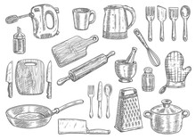Kitchen Utensils And Appliances Isolated Sketches