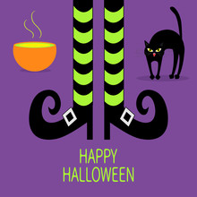 Cat Arch Back. Cauldron Green Potion. Witch Legs With Striped Socks And Shoes. Happy Halloween. Greeting Card. Flat Design. Violet Baby Background