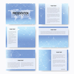 Poster - Set of vector templates for presentation slides with world map. Brochure, Leaflet, flyer, cover magazine or annual report. Modern business, science, medicine design. Abstract background with molecule.