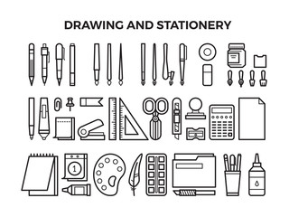 Poster - office stationery and drawing tools line icons
