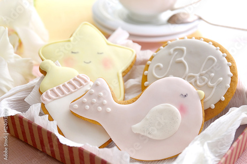 Fototapeta Delicious baby shower cookies, closeup