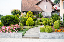 House Front Yard With Flowers And Trees In Vaduz, Lichtenstein