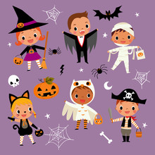 Illustration Set Of Cute Happy Cartoon Children In Colorful Halloween Costumes.witch, Vampire, Cat,owl, Dracula, Pirate, Mummy, Pumpkin, Spider