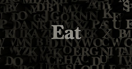 Eat - 3D rendered metallic typeset headline illustration.  Can be used for an online banner ad or a print postcard.