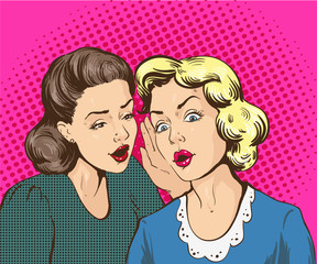 Pop art retro comic vector illustration. Woman whispering gossip or secret to her friend