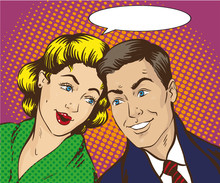 Vector Illustration In Pop Art Style. Woman And Man Talk To Each Other. Retro Comic. Gossip, Rumors Talks