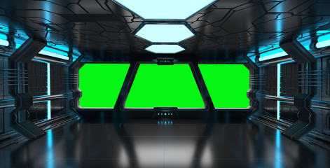 Wall Mural - spaceship blue interior with empty window 3d rendering elements