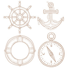 Nautical Symbols - Steering Wheel, Anchor, Lifebuoy, Compass. Hand Drawn Colored Sketch