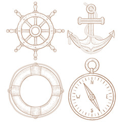 Wall Mural - Nautical symbols - steering wheel, anchor, lifebuoy, compass. Hand drawn colored sketch