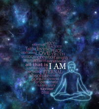 I AM Meditation Word Cloud  - Night Sky Deep Space Background Dark Banner With  Male Lotus Position Glowing Silhouette On Right Side And A Transparent Word Cloud Surrounding I AM In White