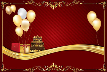 Red elegant background with balloons, for any occasion. Can be used for a birthday card or wedding invitation. Size of a custom business card. Copy space for your own text. Print colors used.