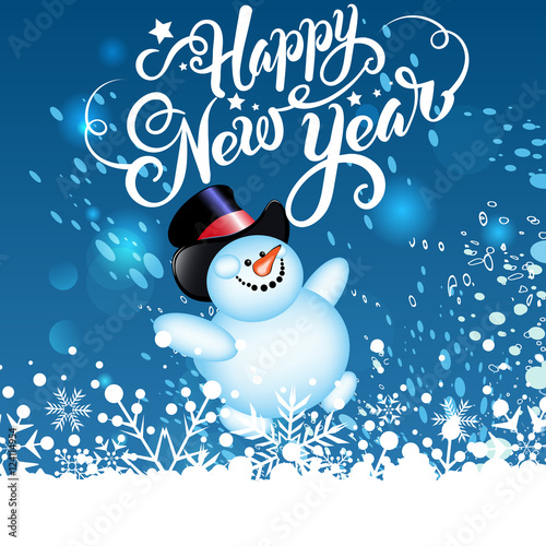 Happy new year, letter, christmas card, snowman, vector Stock Vector