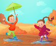 © Nadya_C - Autumn background with funny smiling kids. Seasonal sale poster, concept, flyer. Cartoon landscape banner. Brochure template.Vector illustration