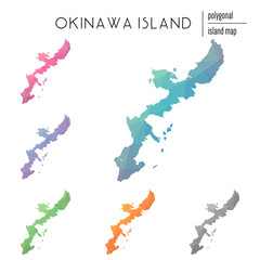 Sticker - Set of vector polygonal Okinawa Island maps filled with bright gradient of low poly art. Multicolored island outline in geometric style for your infographics.