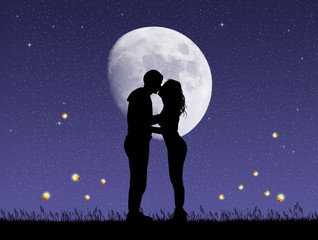 Wall Mural - couple kissing with fireflies